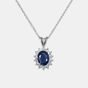 14K White Gold oval blue sapphire and natural diamond pendant on 18-inch chain
