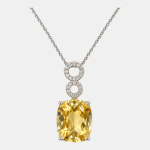 14K White Gold checkerboard-cut citrine and natural diamond pendant