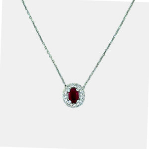 14K white gold oval ruby and diamond halo necklace
