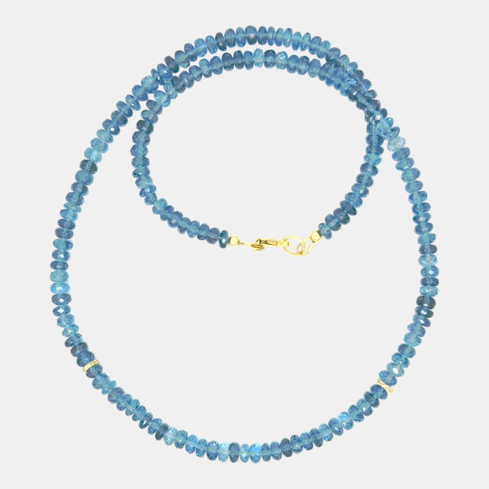 Natural blue topaz necklace with 14KT gold diamond rondelles