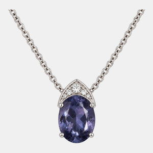 18K White Gold oval iolite and natural diamond pendant
