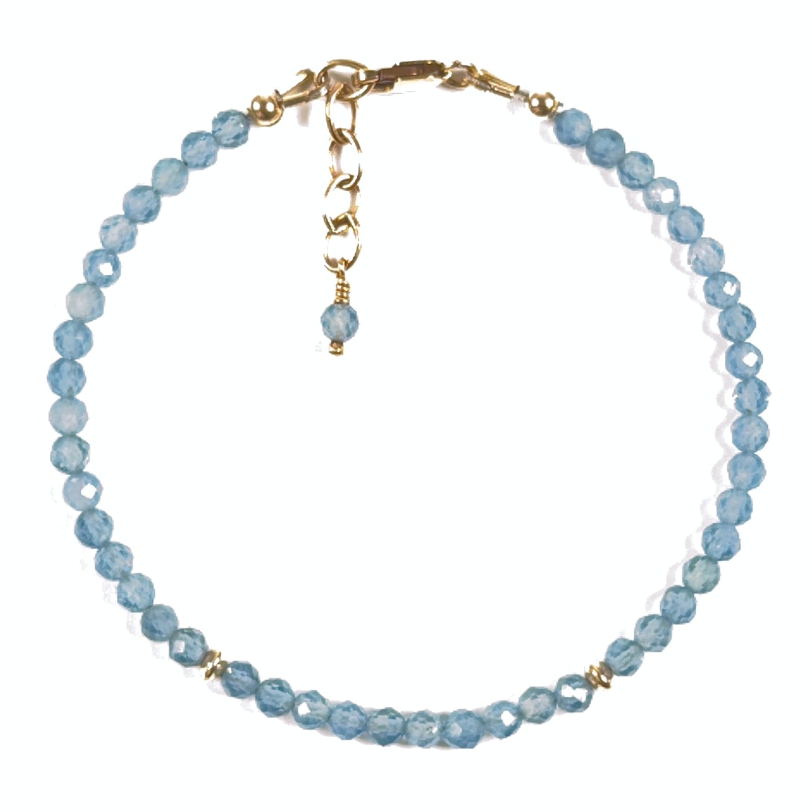 Faceted natural aquamarine bracelet in soft blue tones with gold-filled accent beads, lobster clasp and chain.