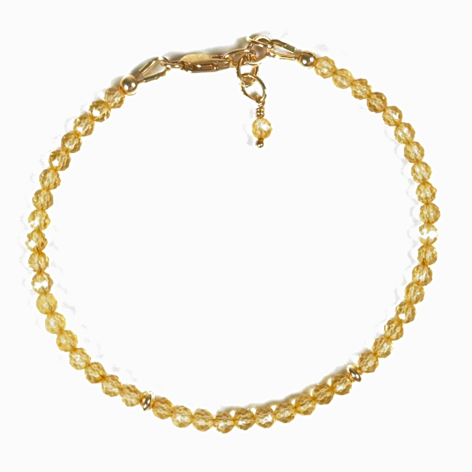 Faceted natural golden yellow citrine gemstone bracelet with gold-filled accent beads, lobster clasp and chain.