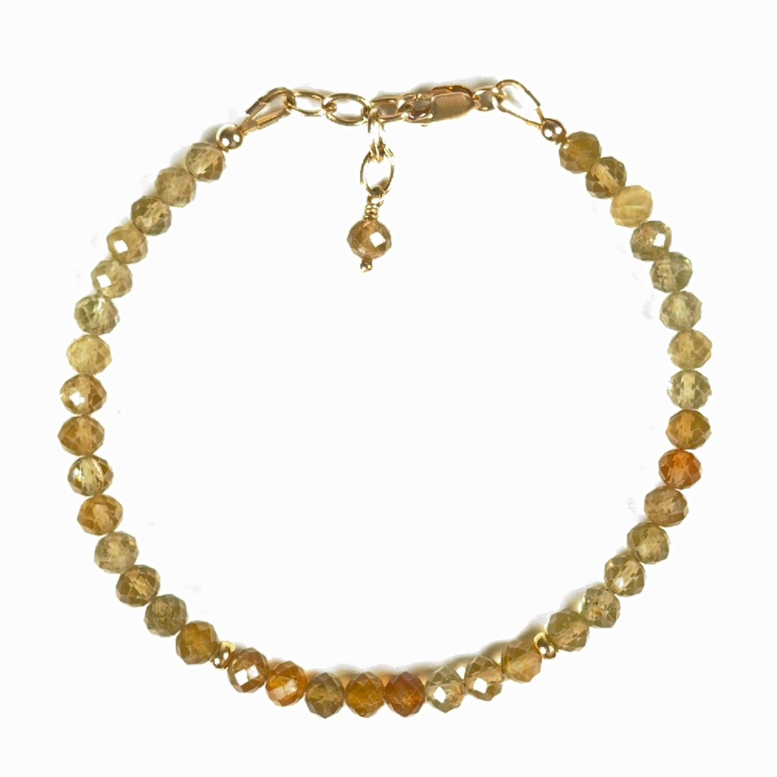 Faceted natural grossular garnet bracelet in soft earthy green tones with gold-filled accent beads, lobster clasp and chain.