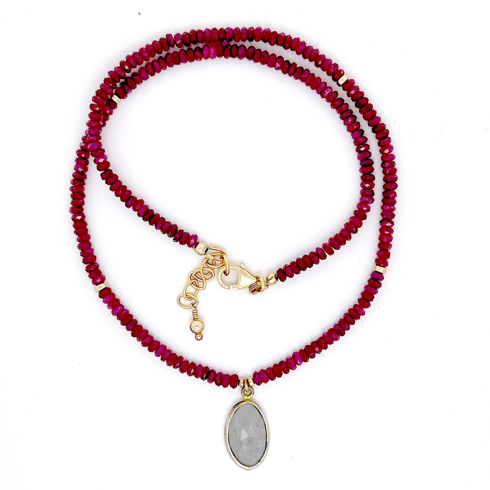 Faceted Ruby Necklace with 14Kt Bezel Set Sapphire