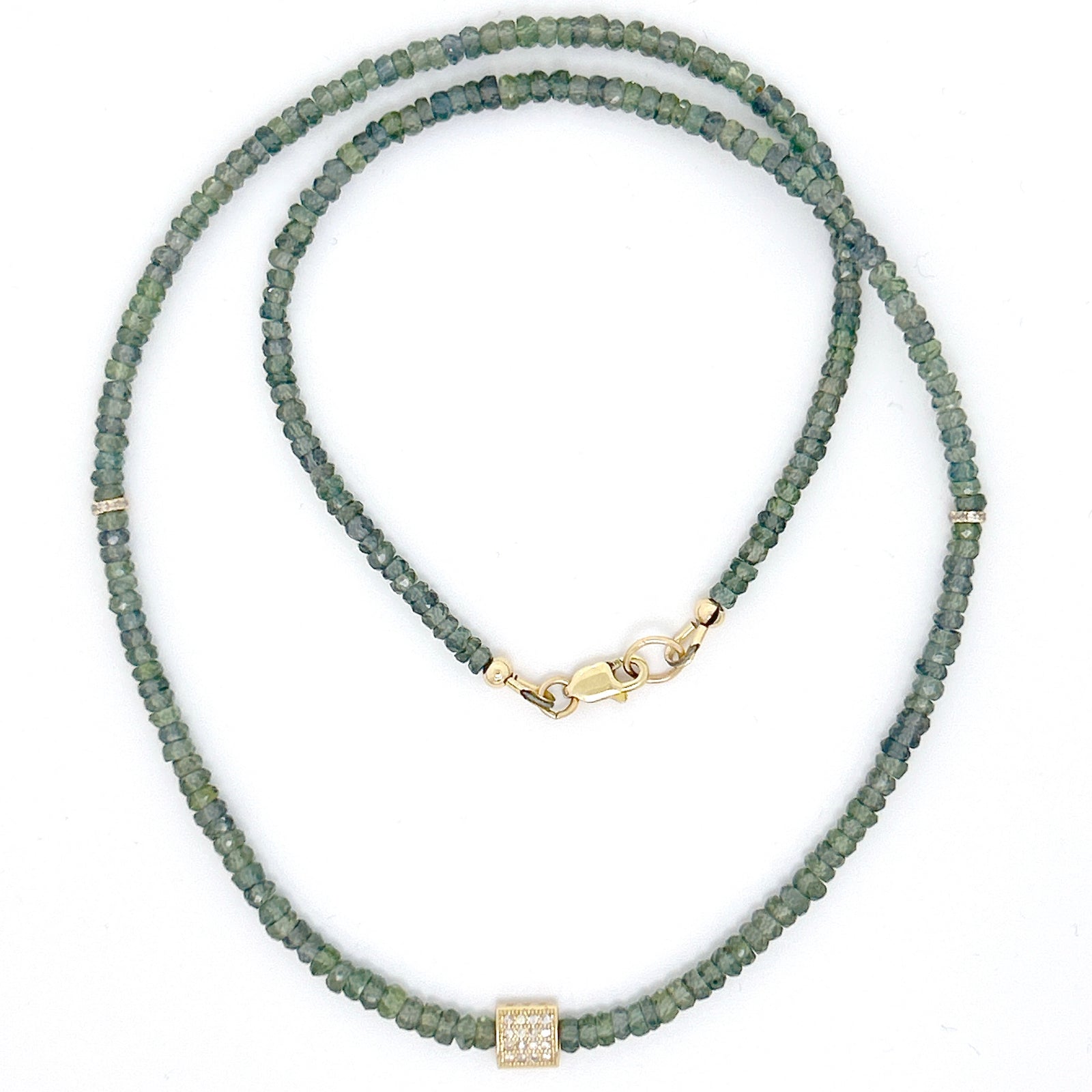 Green Sapphire Necklace with 14KT Diamond Pave Center