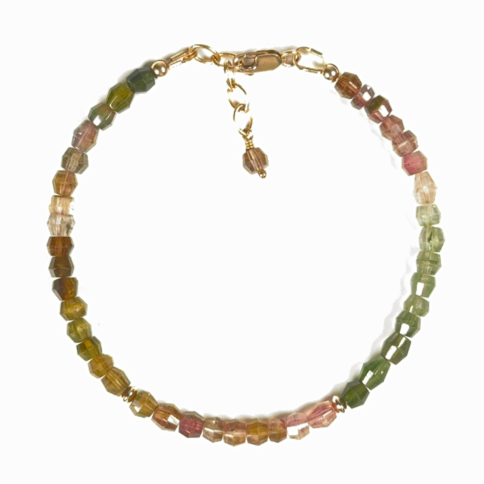 Faceted natural multicolor tourmaline bicone bead bracelet in green, pink and earthy tones with gold-filled accent beads, lobster clasp and chain.
