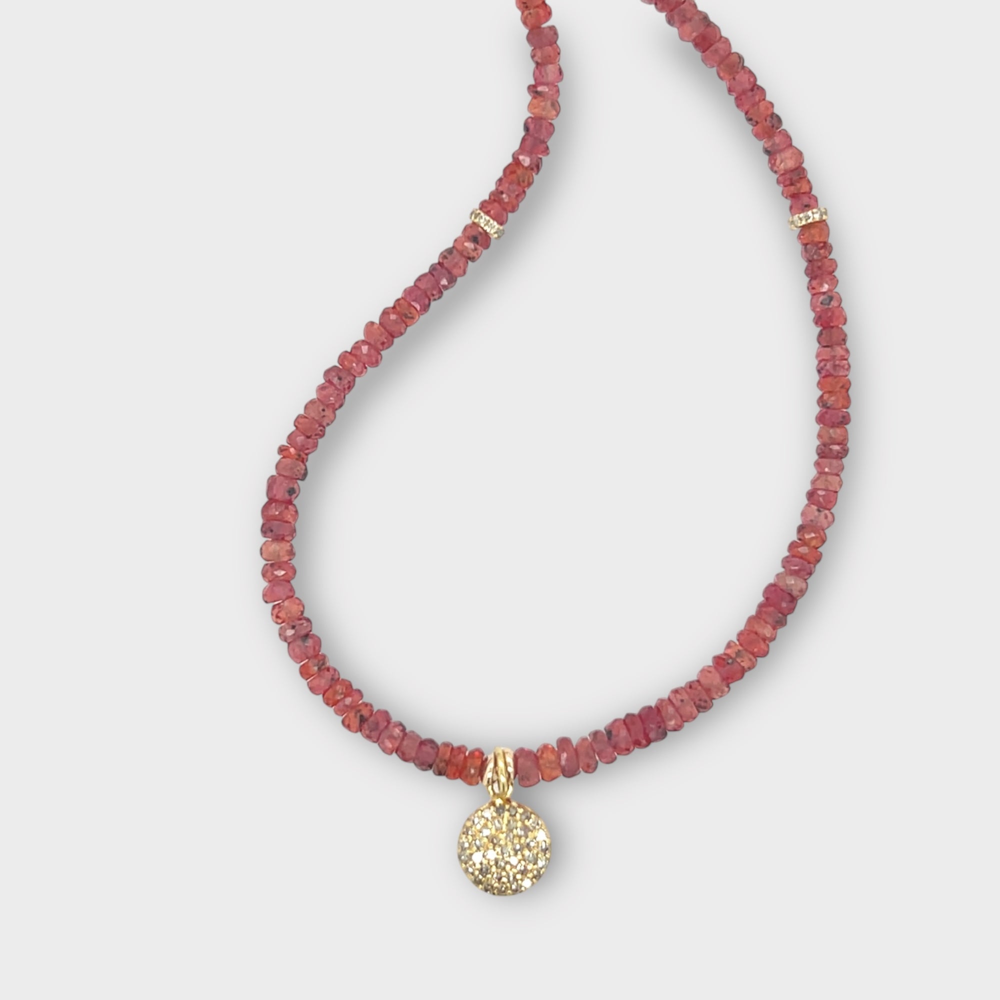 Red Sapphire Necklace with 14KT Diamond Pave Disc