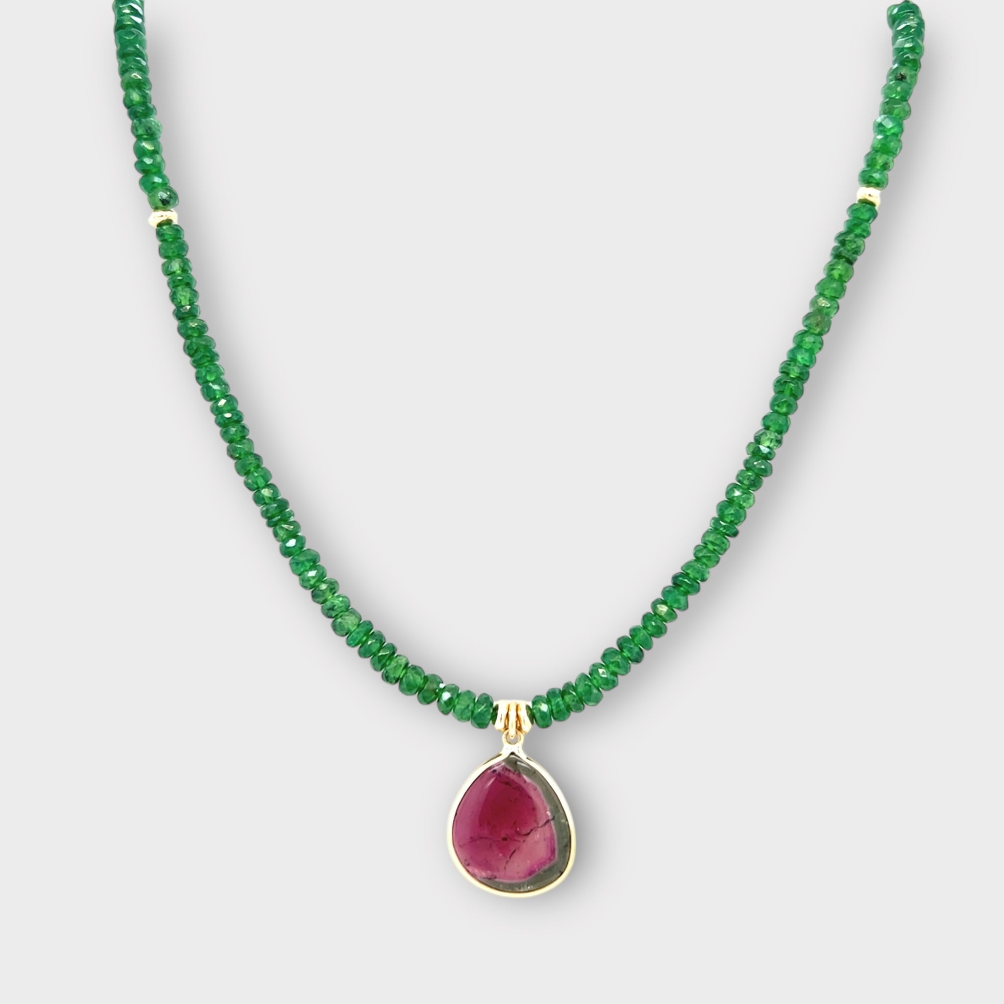 Tsavorite Necklace with 14KT Watermelon Tourmaline