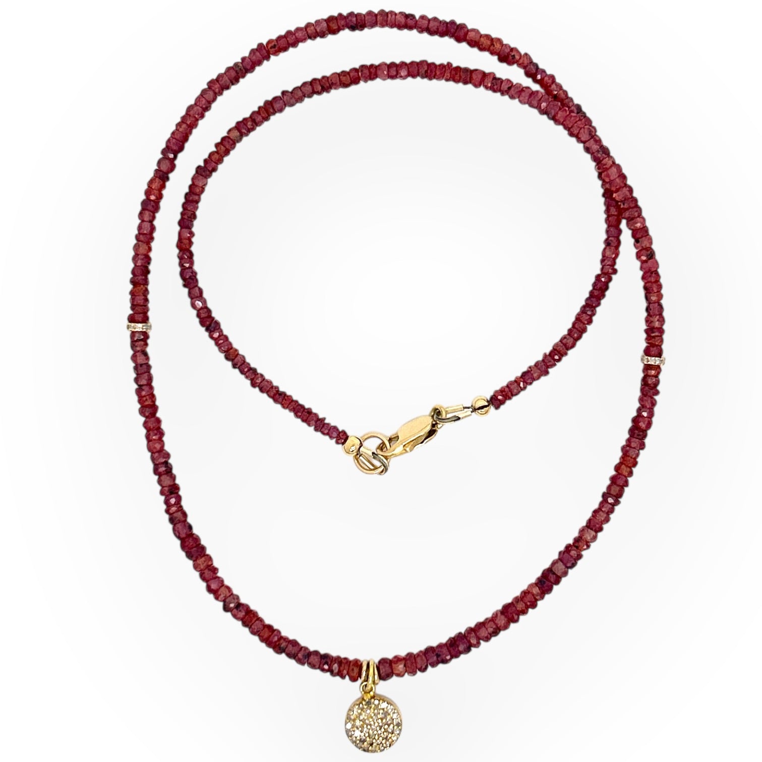 Red Sapphire Necklace with 14KT Diamond Pave Disc