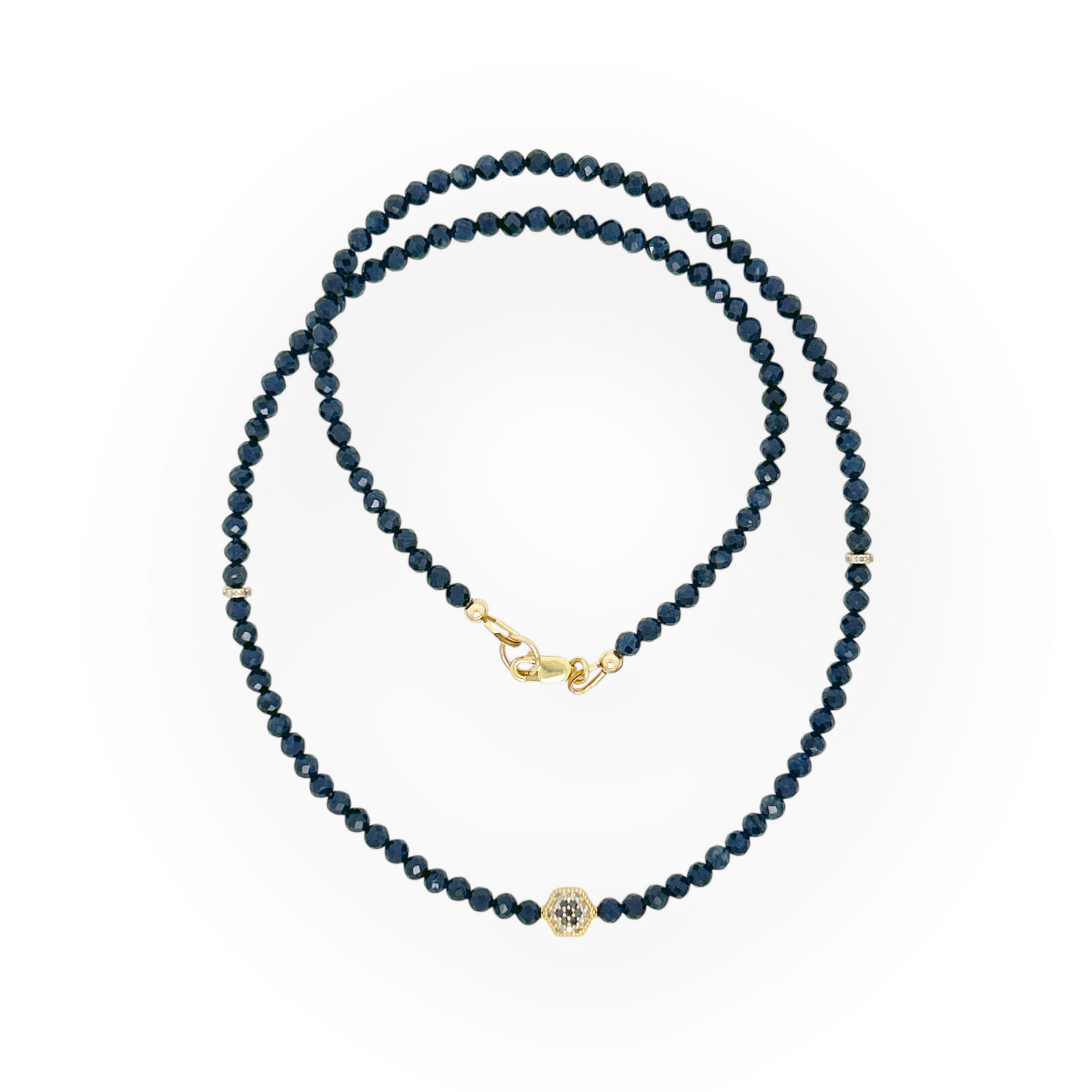 Sapphire Necklace with 14KT White and Black Diamond Pave Bead