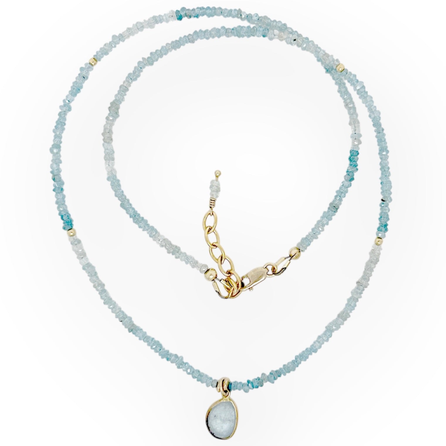 Blue Zircon Necklace with 14Kt Bezel Set Moonstone