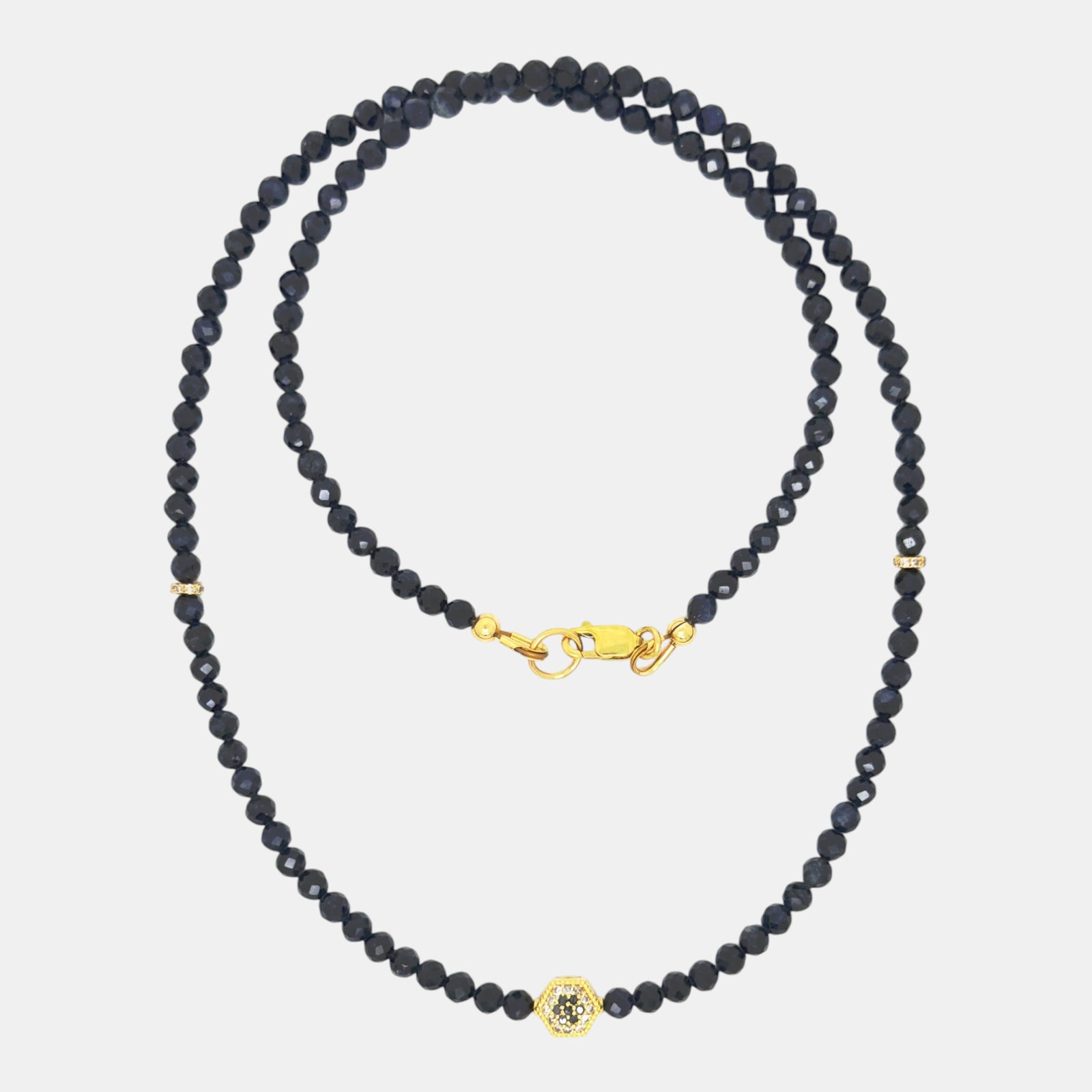 Natural blue sapphire necklace with solid 14K gold black and white diamond pavé bead
