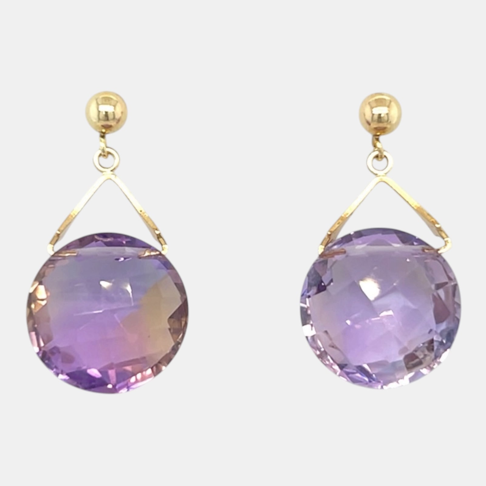 Faceted purple and golden ametrine drop earrings with gold-filled posts
