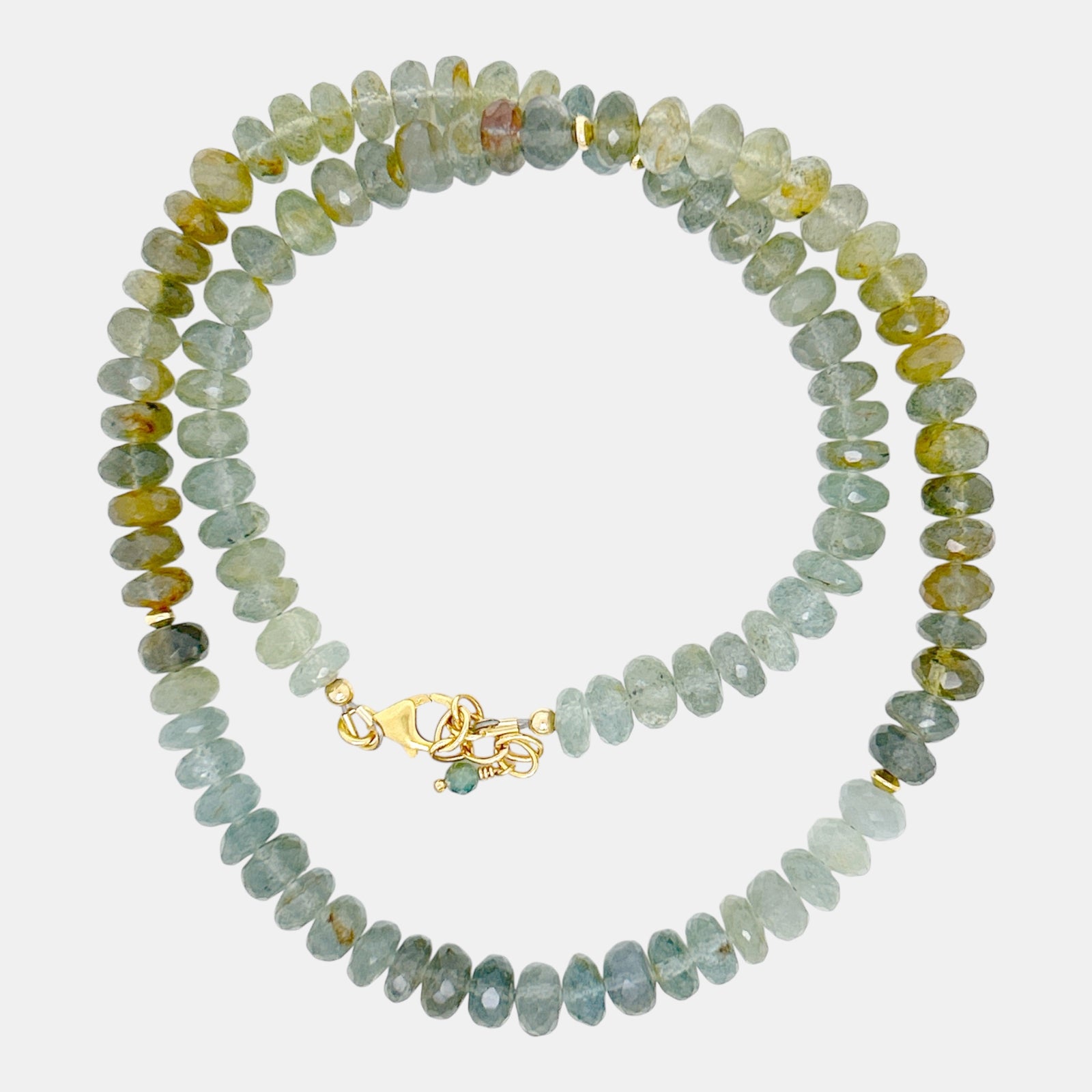 Faceted mixed beryl gemstone necklace with gold-filled accents and clasp