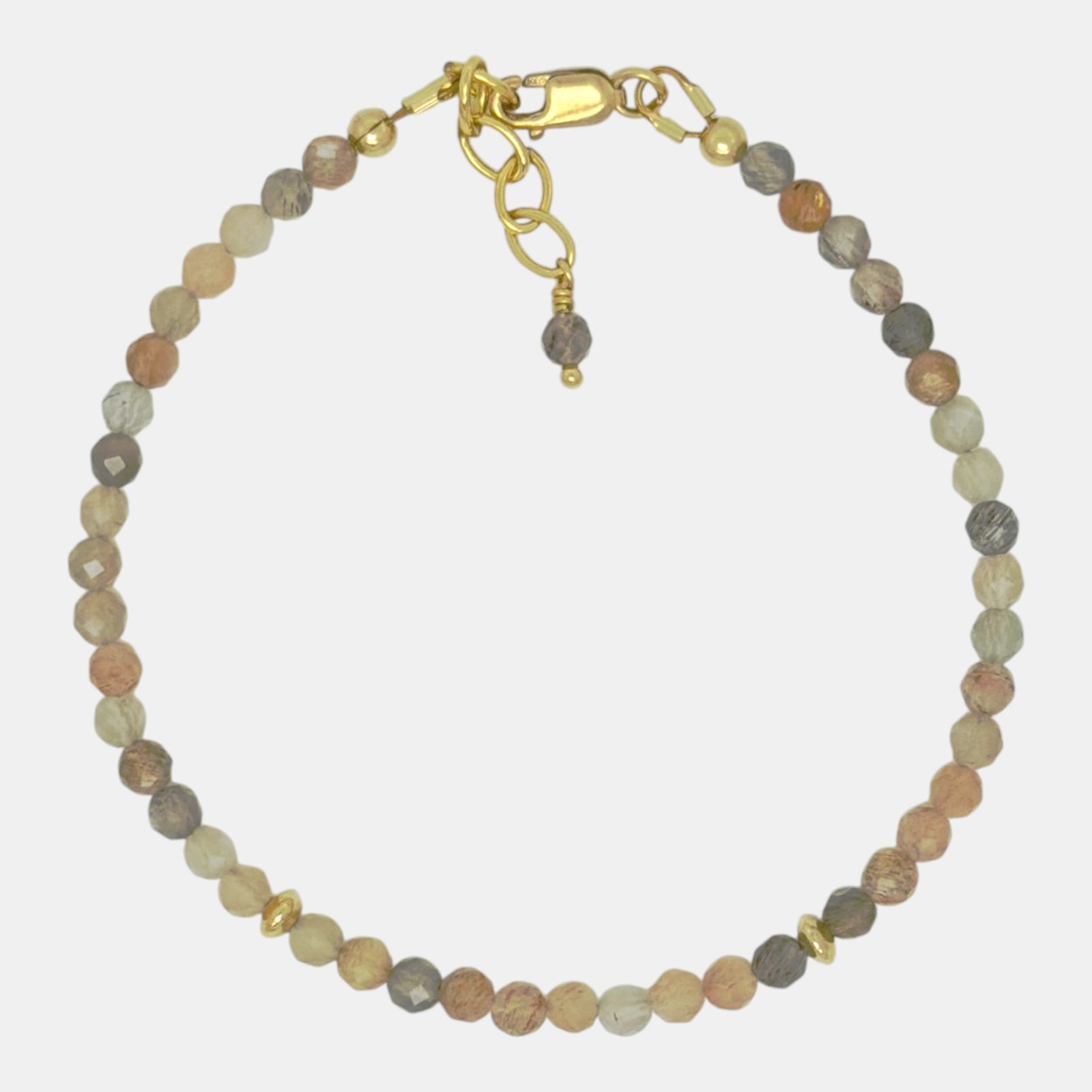 Faceted multicolor moonstone bracelet with gold-filled accents and lobster clasp