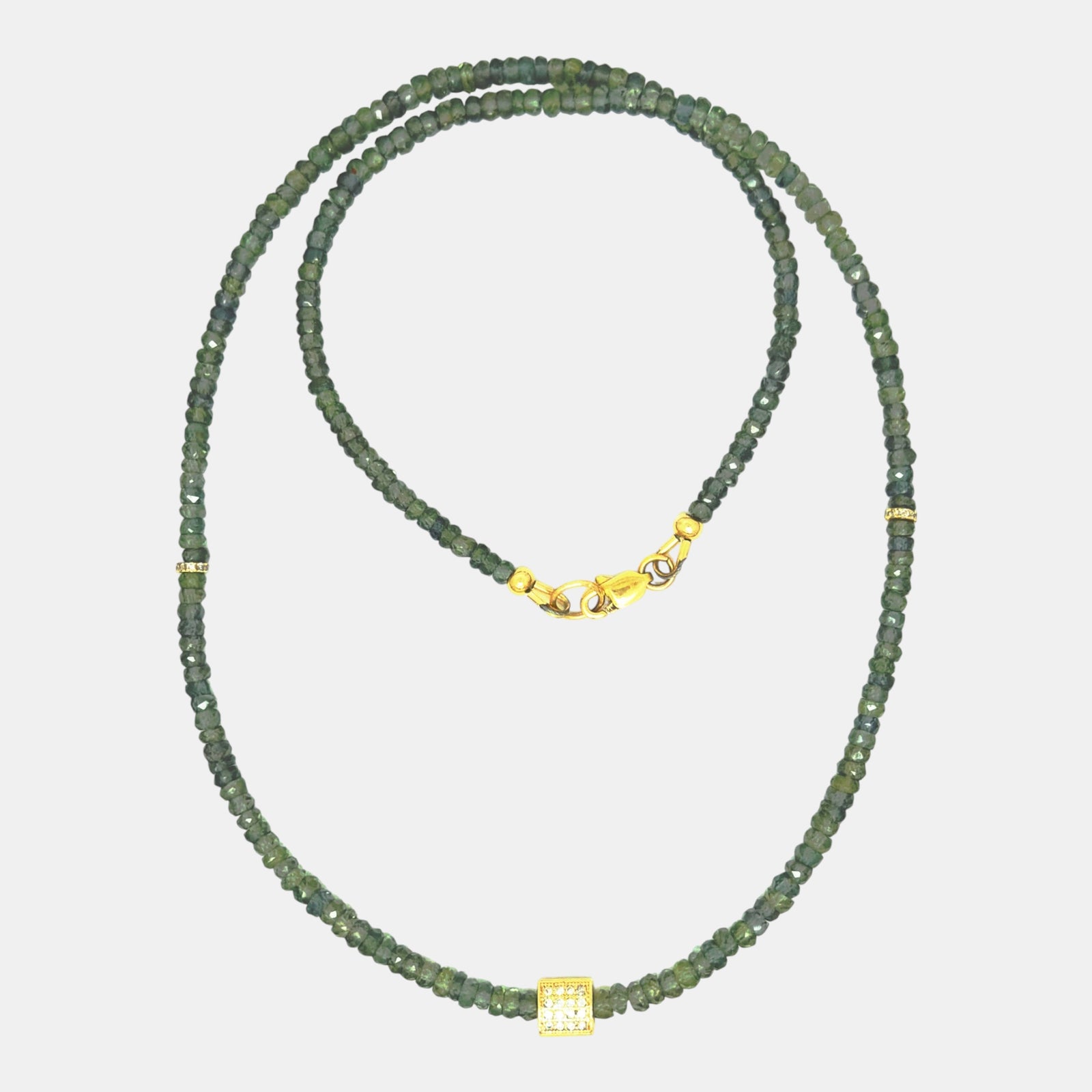 Natural green sapphire necklace with solid 14K yellow gold diamond pavé center
