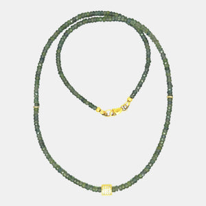 Natural green sapphire necklace with solid 14K yellow gold diamond pavé center
