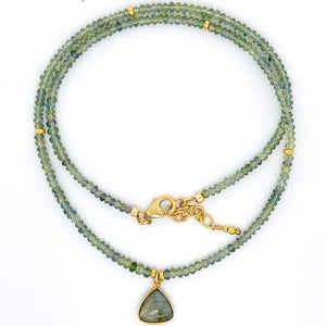 Green sapphire necklace with smooth labradorite cabochon in solid 14K yellow gold bezel and gold filled accents