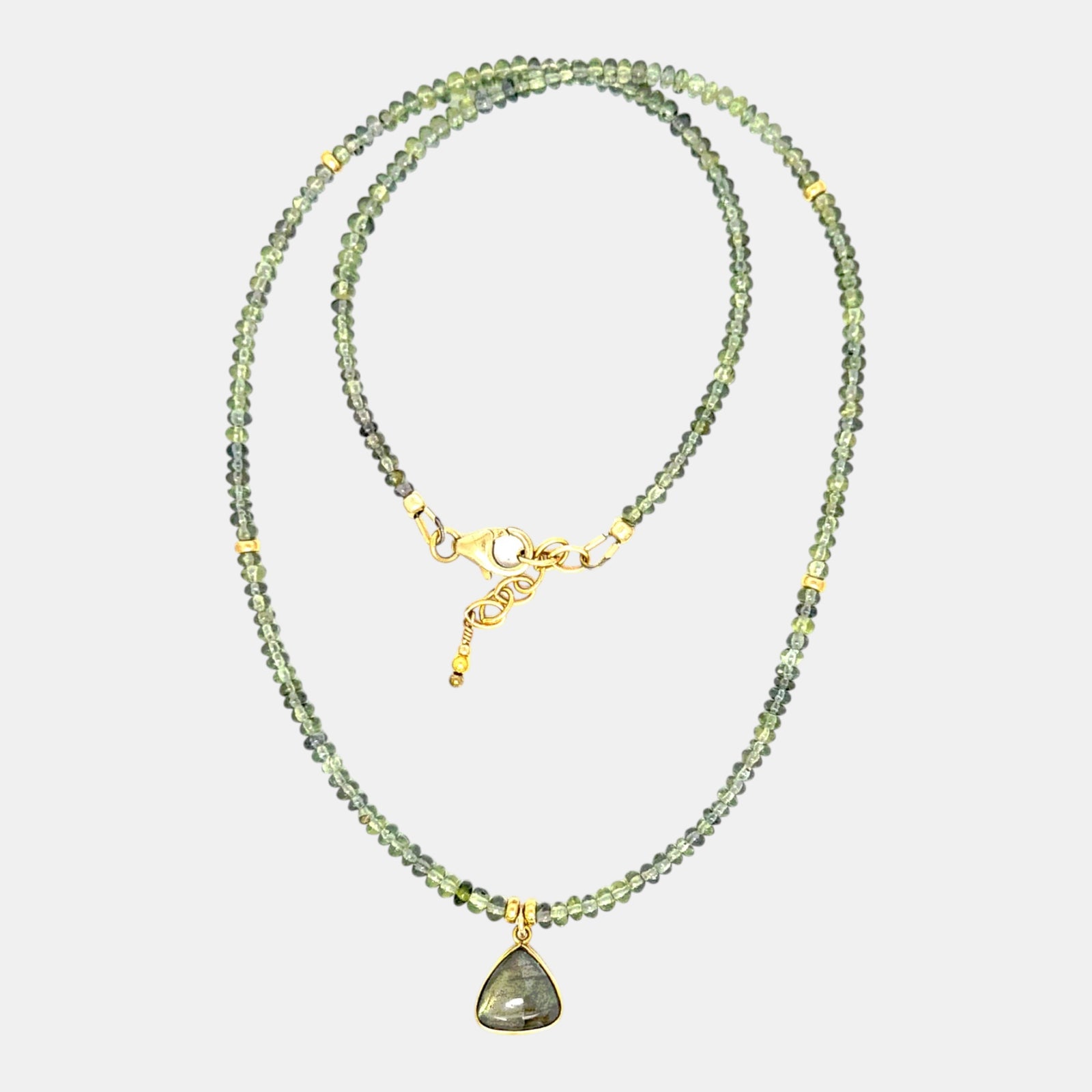 Natural green sapphire necklace with smooth labradorite cabochon set in solid 14K yellow gold