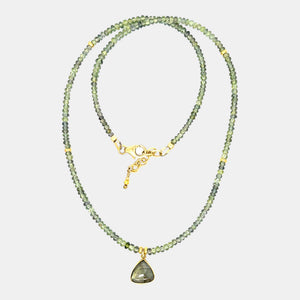 Natural green sapphire necklace with smooth labradorite cabochon set in solid 14K yellow gold