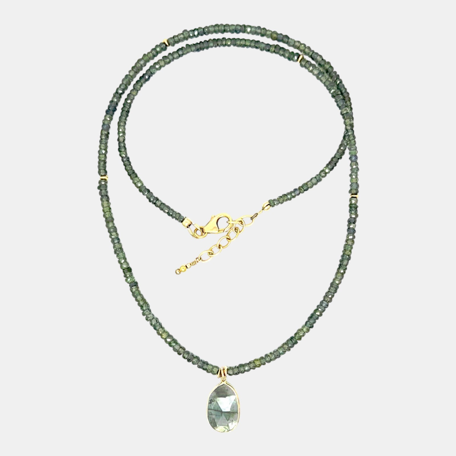 Natural green sapphire necklace with labradorite pendant set in solid 14K yellow gold and gold filled accents