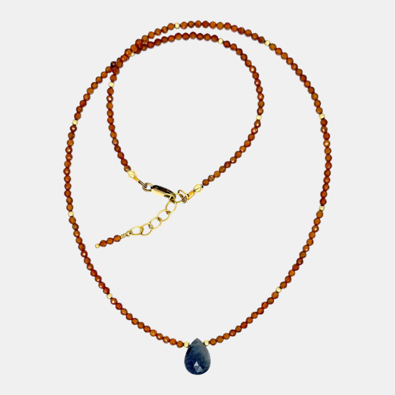 Hessonite garnet necklace with black moonstone teardrop and gold-filled accents
