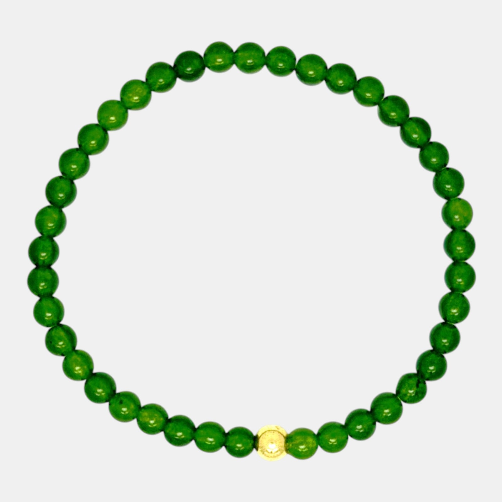 Natural jade stretch bracelet with 4.5mm smooth gemstone beads and your choice of a 14K gold-filled or sterling silver accent bead.
