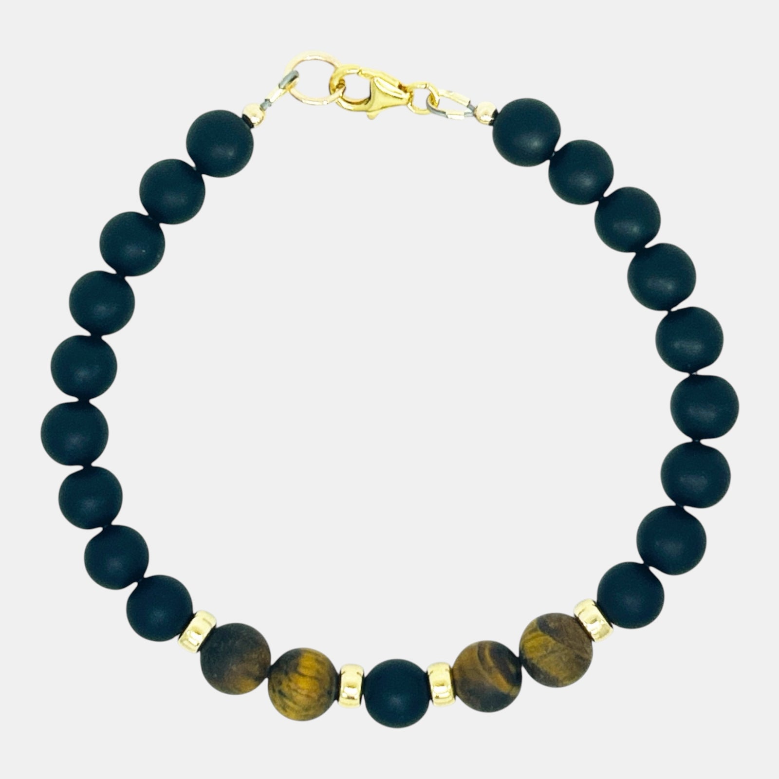 Men's matte black onyx and tiger eye gemstone bracelet with gold filled accents