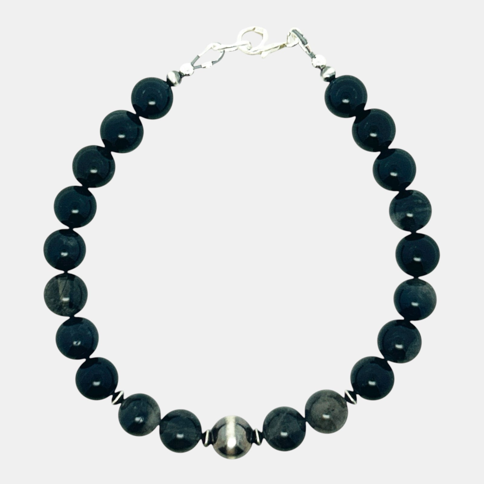 Men's black rutile quartz gemstone bracelet with 8mm beads and sterling silver accents