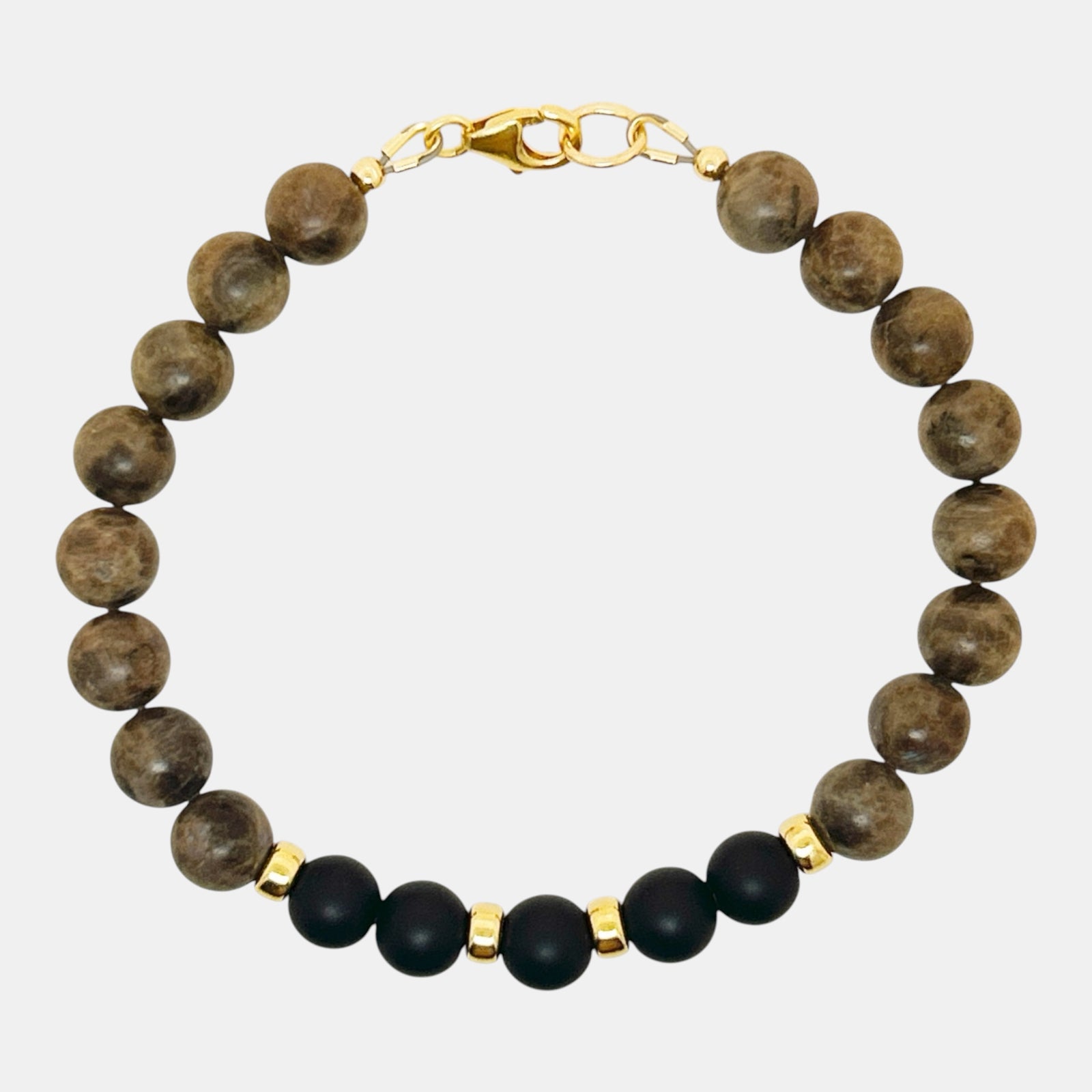 Men's chocolate labradorite and matte black onyx gemstone bracelet with gold filled accents