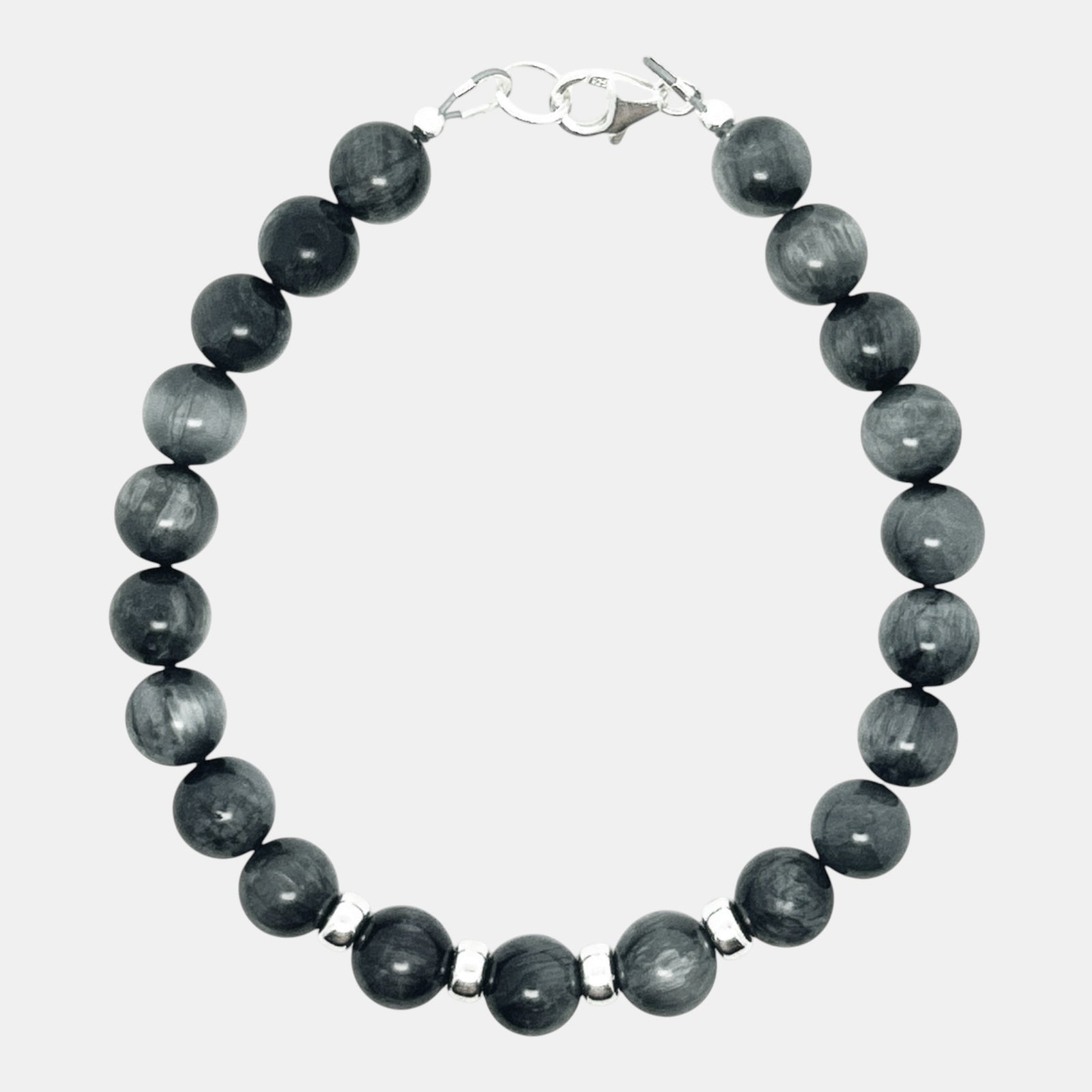 Men's eagle eye gemstone bracelet with sterling silver accent beads and clasp