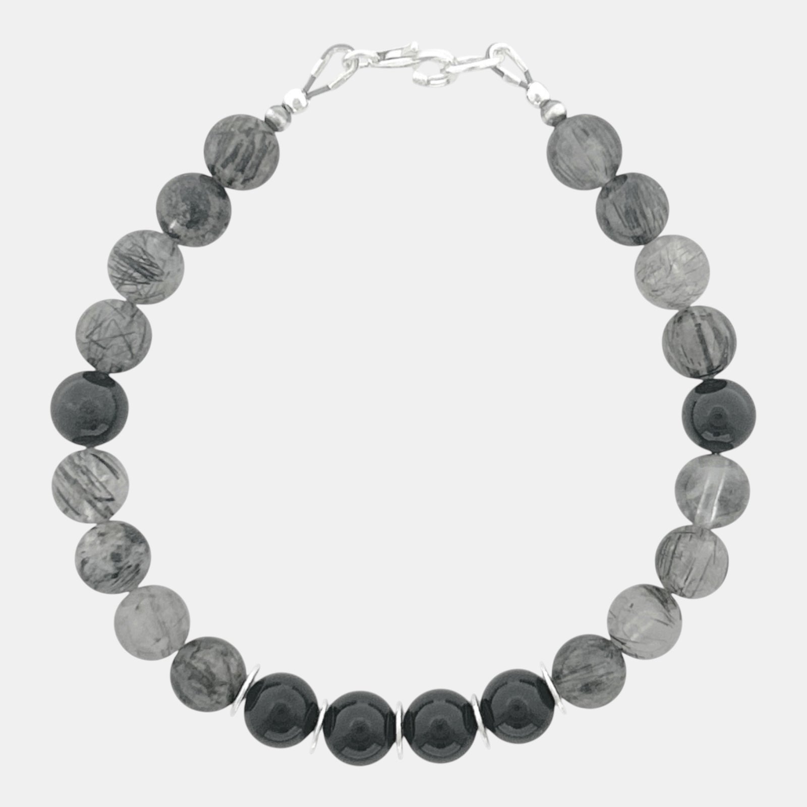 Men's tourmaline rutile quartz and matte black onyx bracelet with sterling silver accents