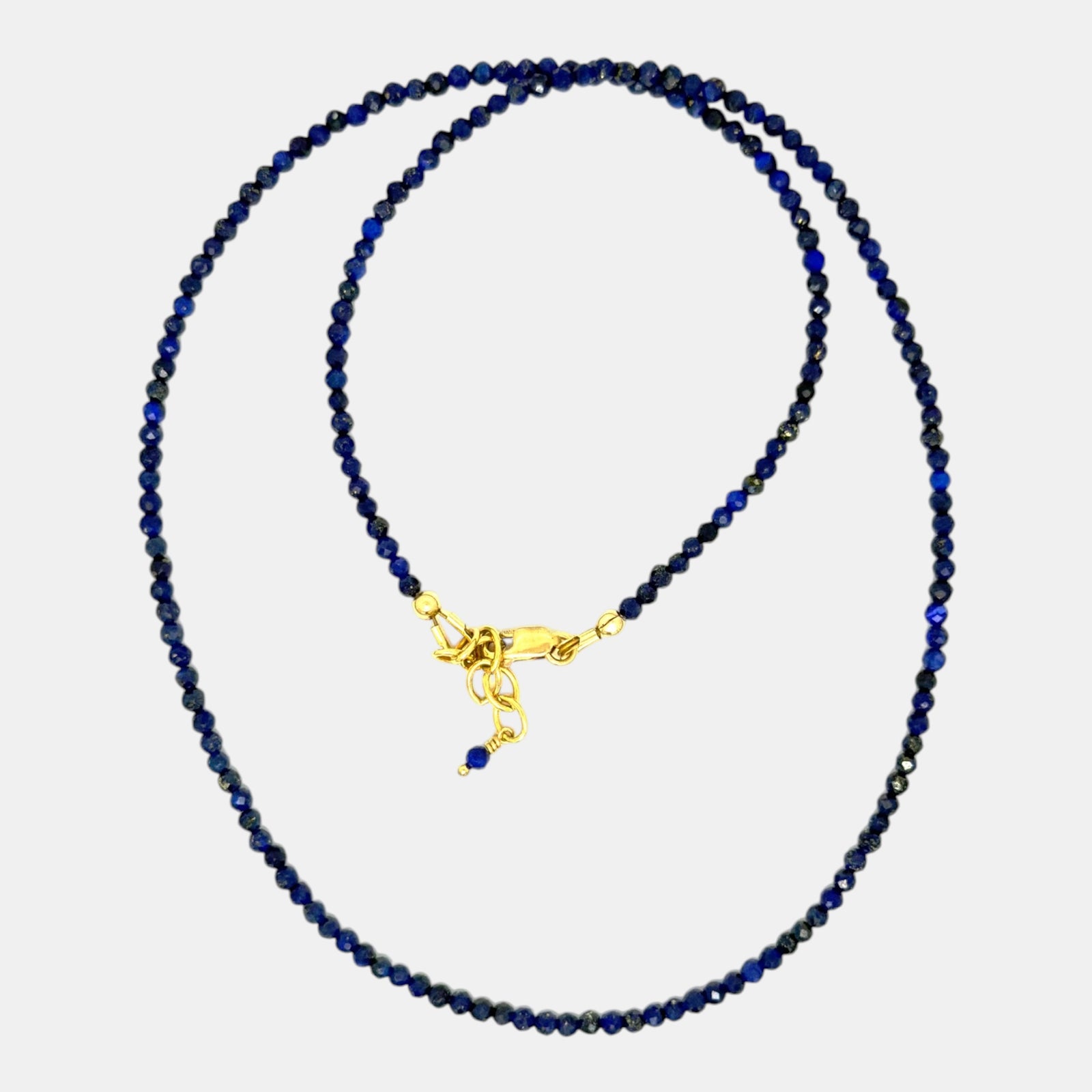 Micro faceted lapis lazuli necklace with 2.6 mm gemstones and gold filled clasp