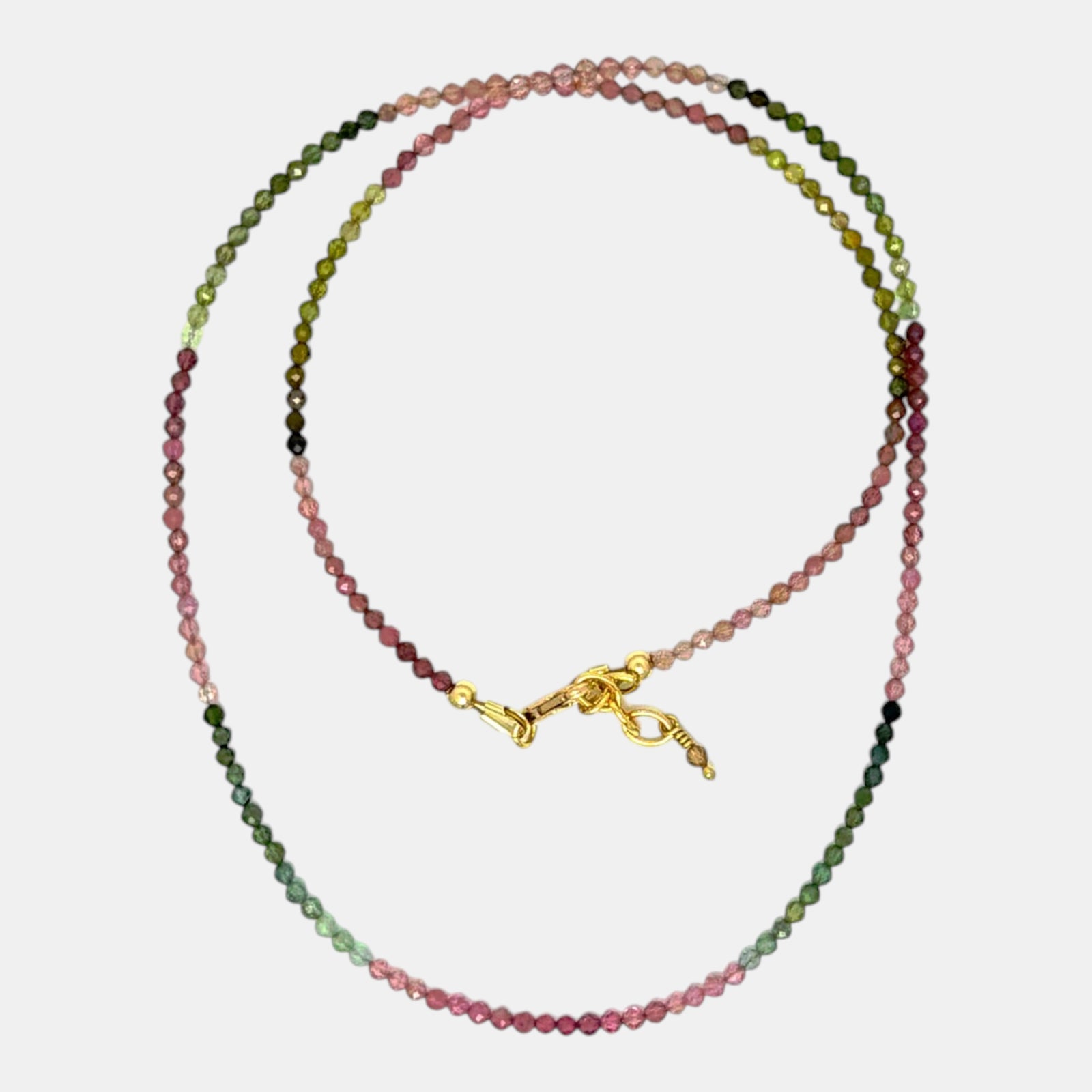Micro faceted pink and green tourmaline necklace with 2.3 mm gemstones and gold filled clasp