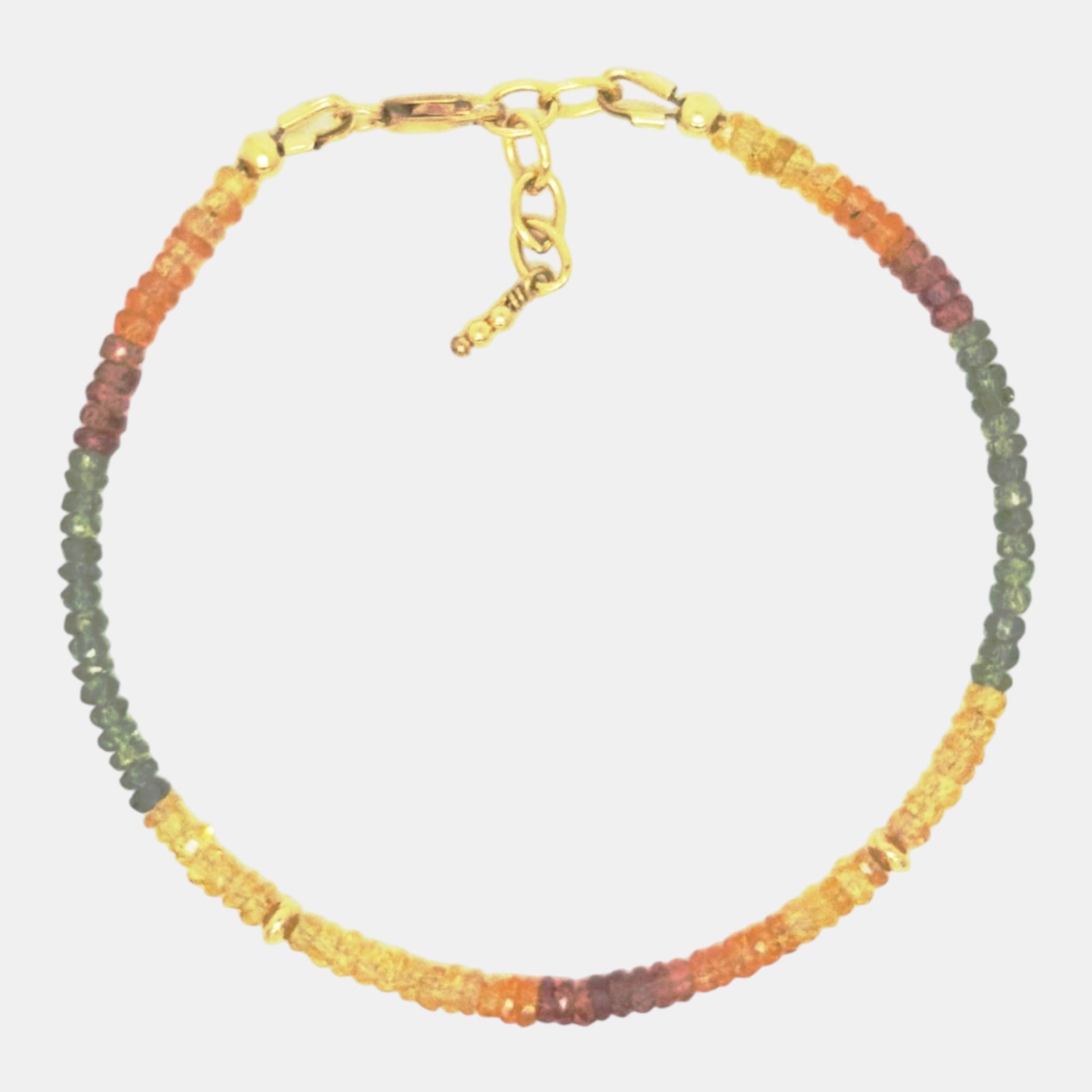 Multicolor sapphire bracelet with orange and green faceted beads and gold filled accents
