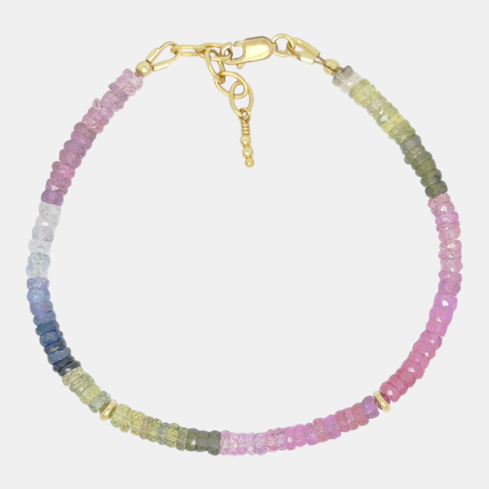 Multicolor sapphire bracelet with pink, blue and green faceted beads and gold-filled accents
