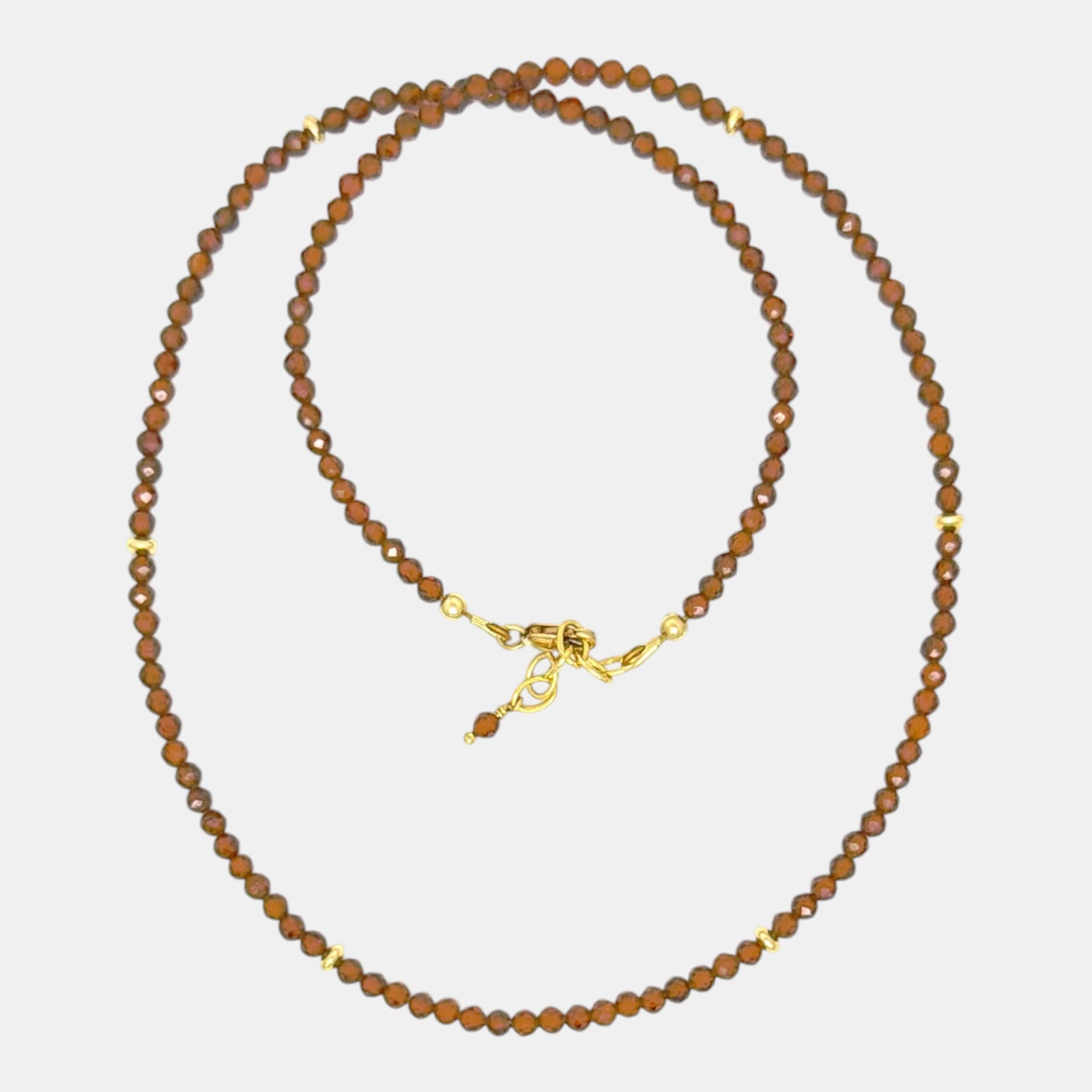 Natural hessonite garnet necklace with faceted cinnamon brown beads and gold-fille