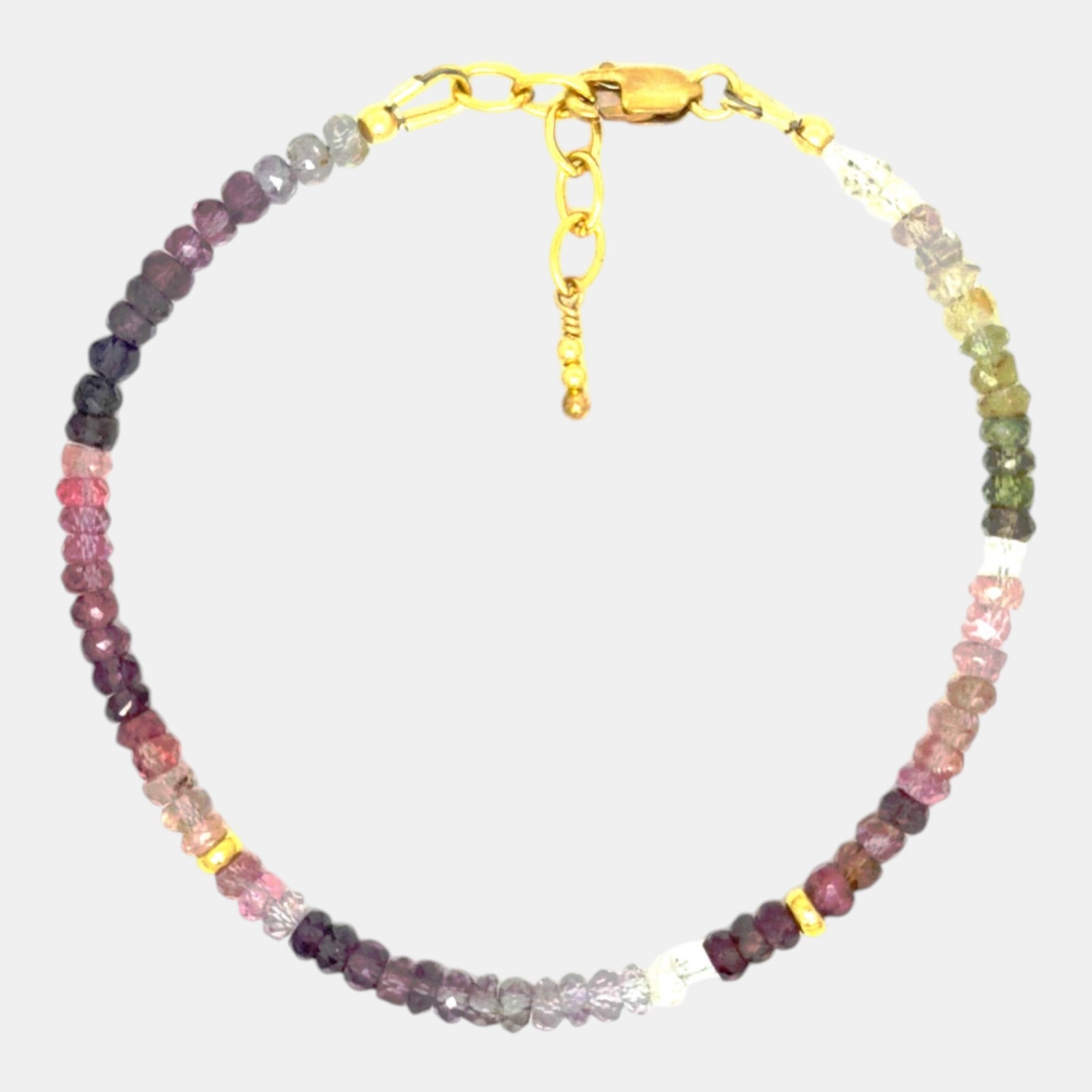 Natural multicolor spinel beaded bracelet with faceted spinel gemstones, gold-filled accents, and lobster clasp