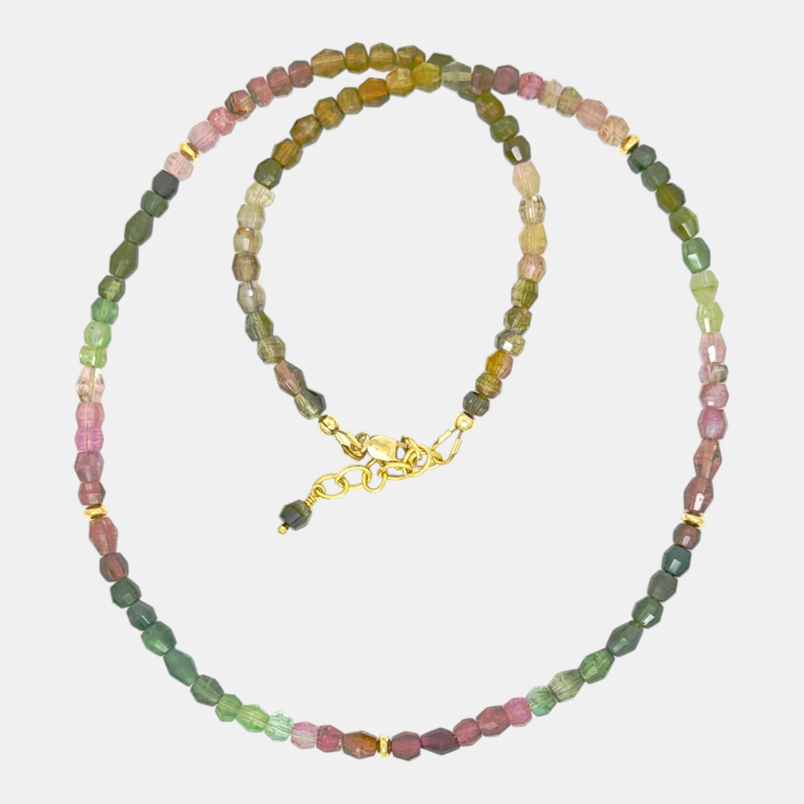 Natural multicolor tourmaline necklace with faceted bicone beads and gold filled accents
