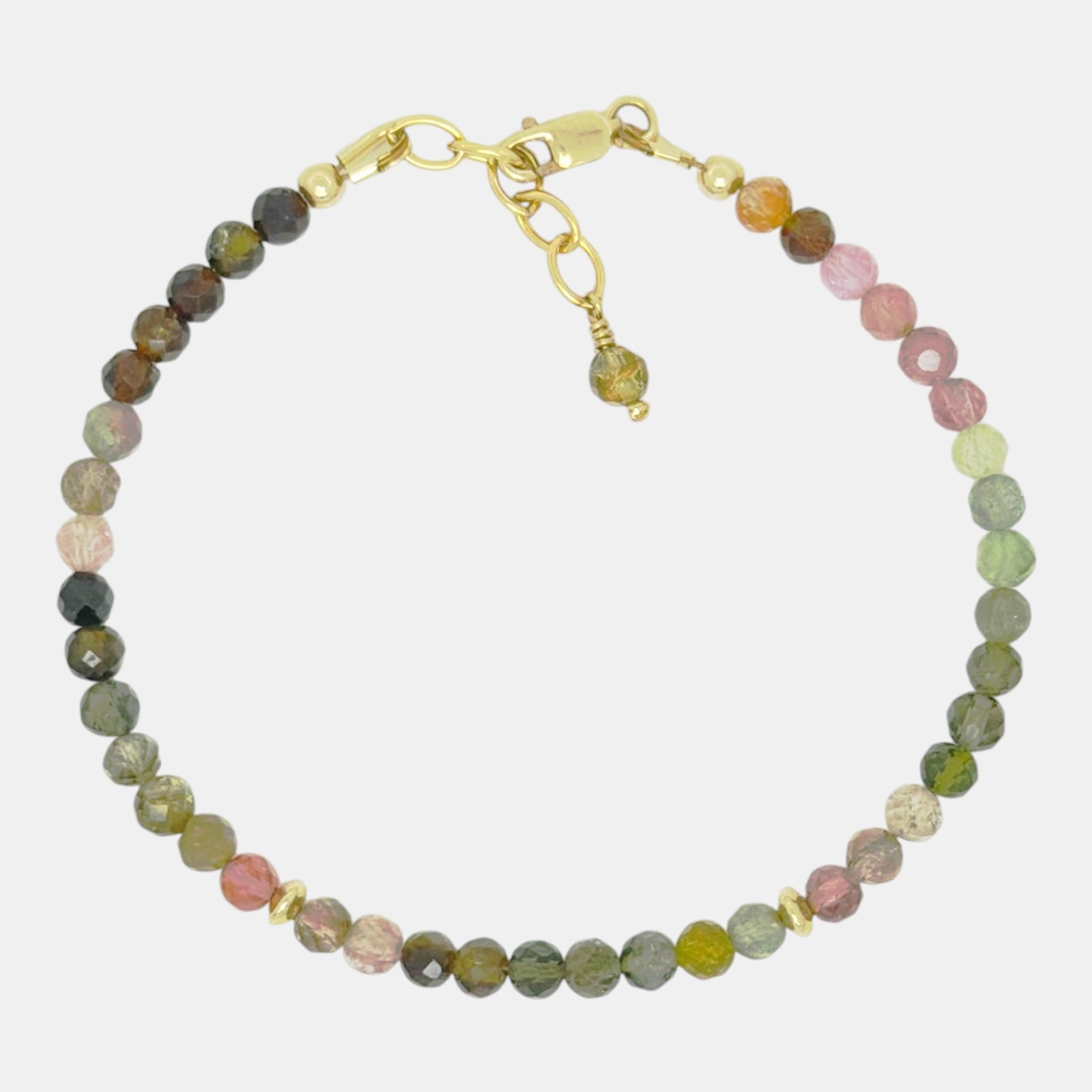 Natural multicolor tourmaline bracelet with 4 mm faceted beads and gold-filled accents

