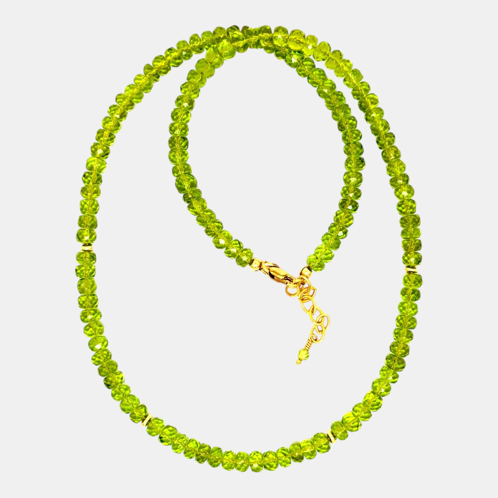 Natural peridot necklace with gold-filled clasp and accents.
