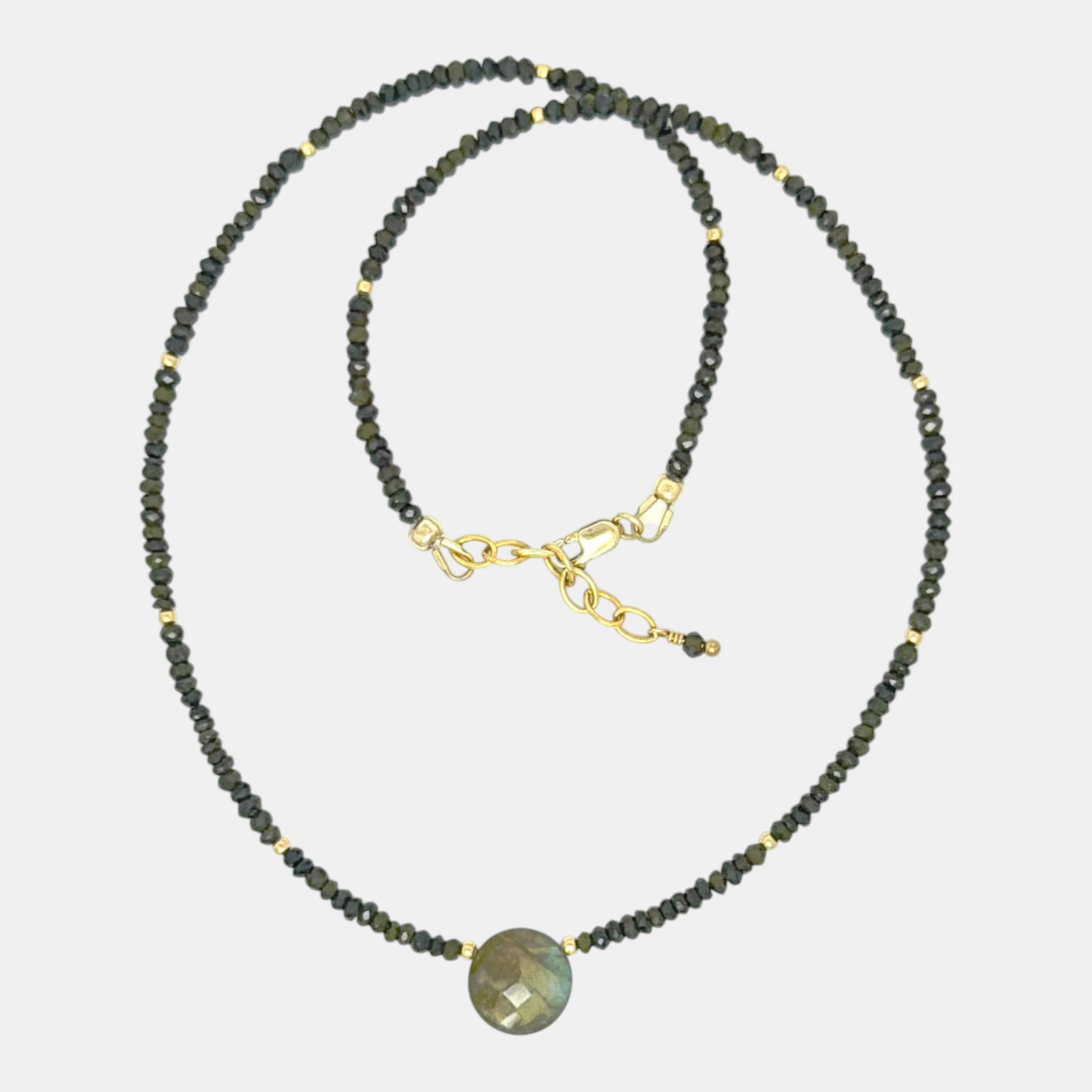 Natural tourmaline necklace with round faceted labradorite centerpiece and gold filled accents