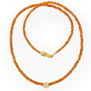 Orange sapphire necklace with diamond pavé center, diamond rondelles and solid 14K yellow gold clasp