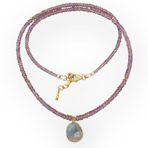 Pink sapphire necklace with labradorite pendant in solid 14K yellow gold bezel and gold filled components