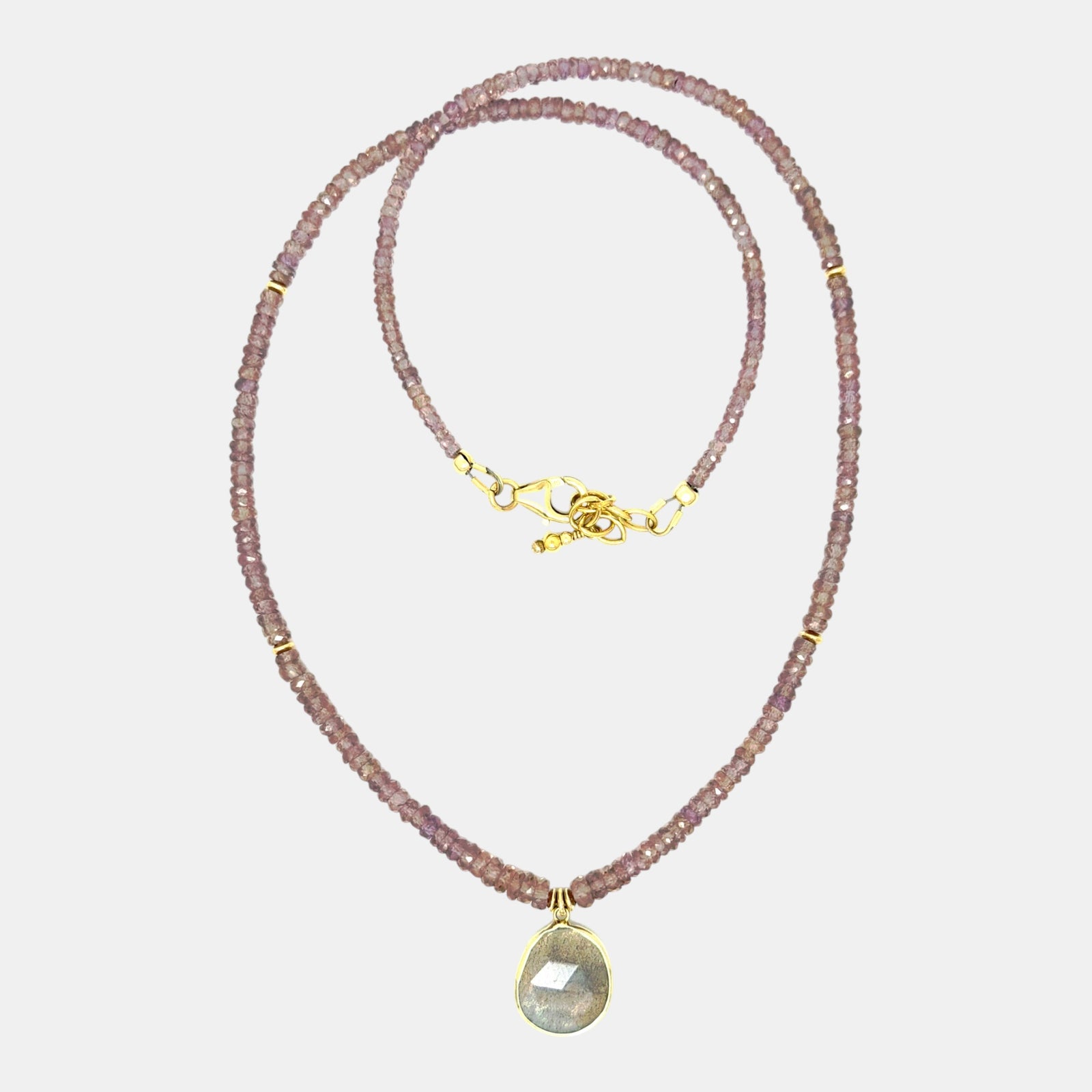 Natural pink sapphire necklace with labradorite pendant set in solid 14K yellow gold and gold filled accents