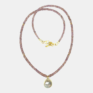 Natural pink sapphire necklace with labradorite pendant set in solid 14K yellow gold and gold filled accents