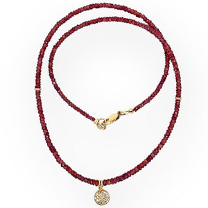 Red sapphire necklace with diamond pavé drop, diamond rondelles and solid 14K yellow gold clasp
And