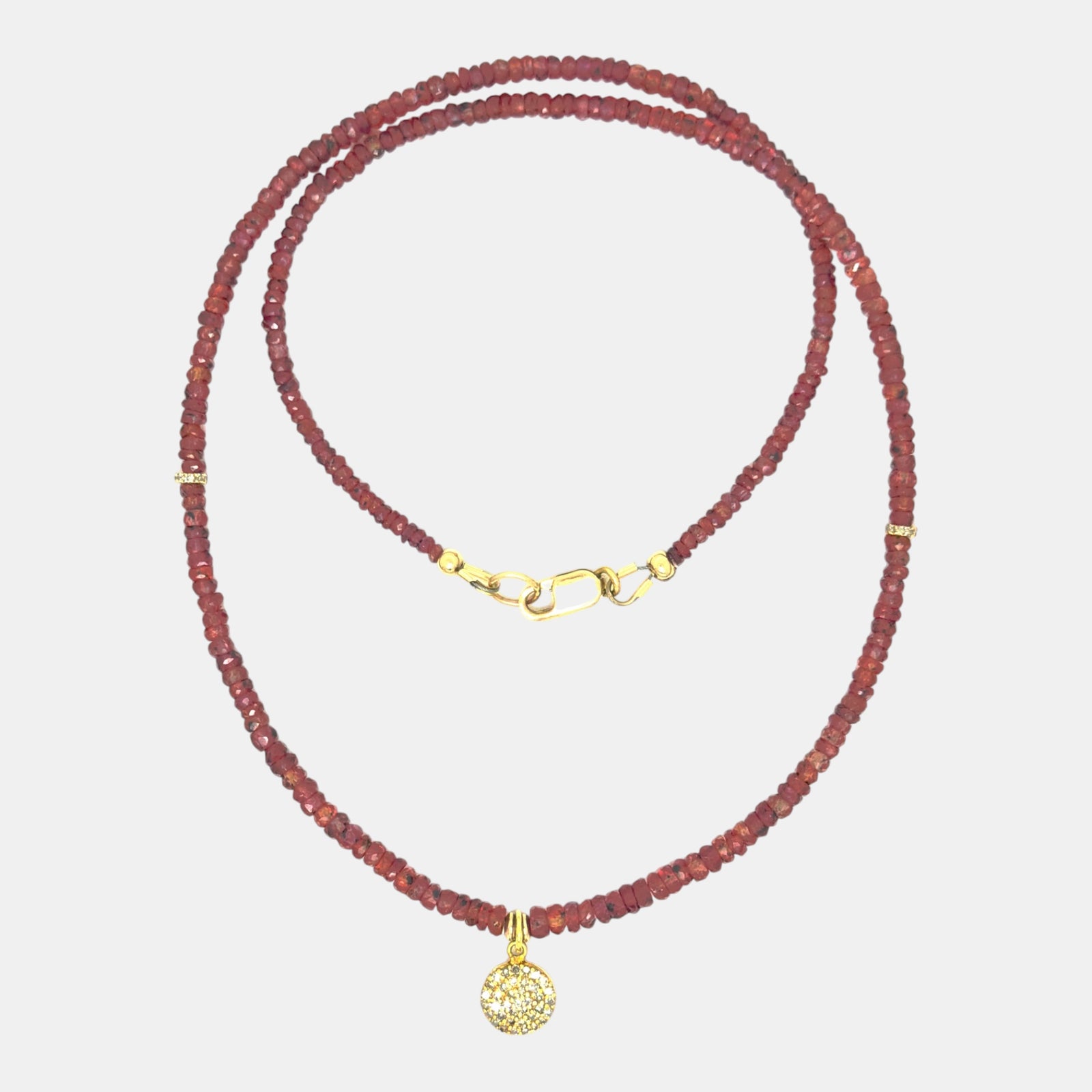 Natural red sapphire necklace with solid 14K yellow gold diamond pavé drop and diamond rondelles