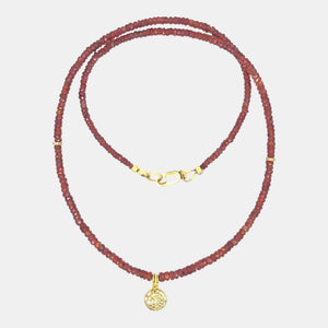 Natural red sapphire necklace with solid 14K yellow gold diamond pavé drop and diamond rondelles